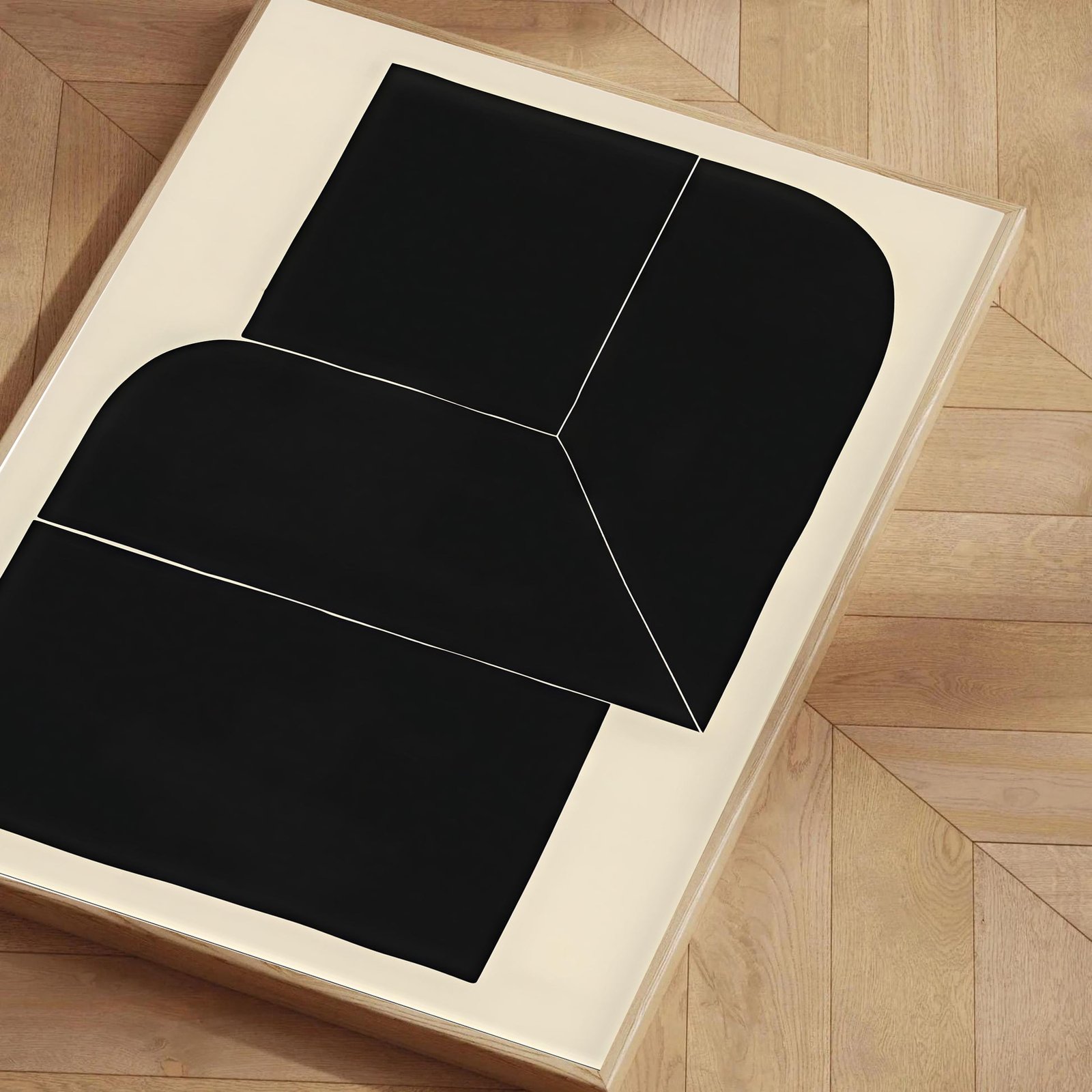 Black rectangular tiles on a wooden floor