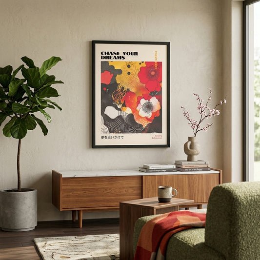 Mid Century Modern Japanese Floral Poster featuring graphic poppies by PrintHaus with a modern living room decor.