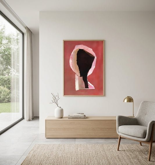 Abstract Collage Wall Art Print in Modern living room, wooden cabinet, and armchair.