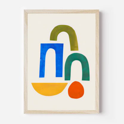 Framed abstract art print with colorful geometric shapes on a white background