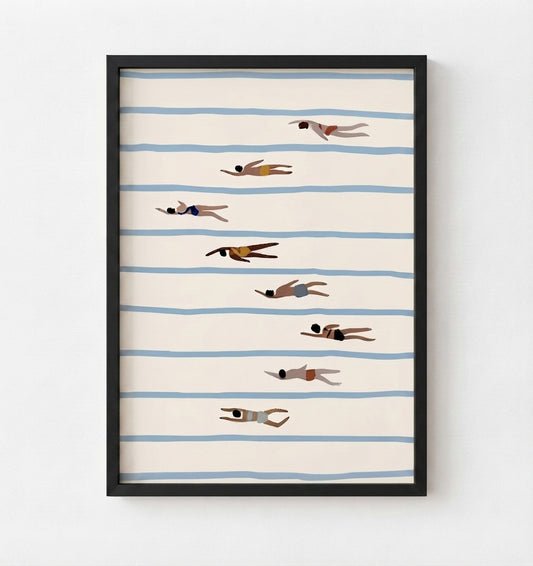 Framed wall art featuring a minimalist illustration of people swimming horizontally across cream-colored water with light blue stripes, displayed in a black frame against a white wall.
