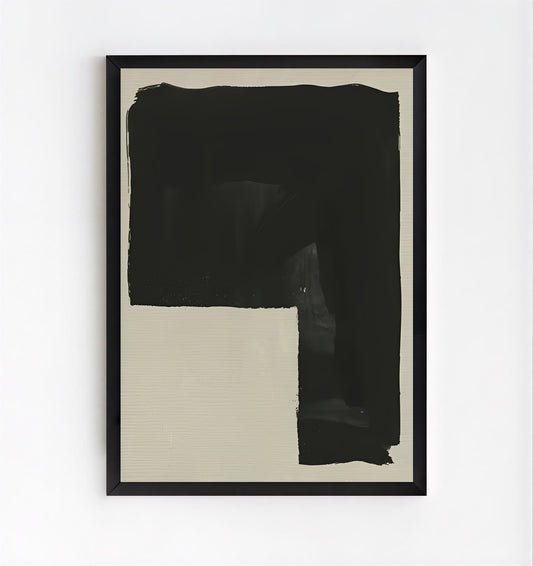 Framed abstract art piece with black and beige colors on a white background