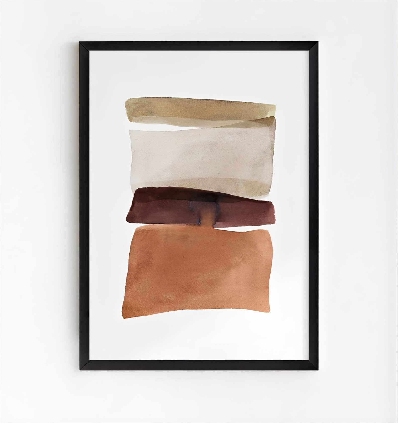 Framed abstract art with brown and beige shapes on a white background