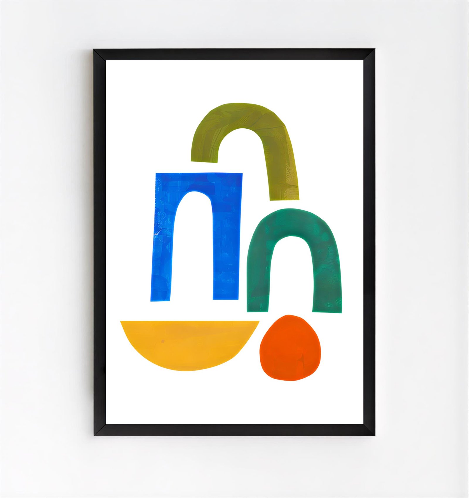Framed abstract art with colorful geometric shapes on a white background