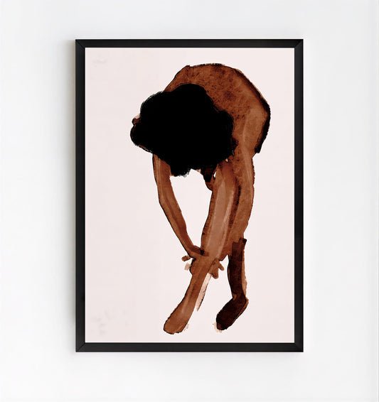 Framed artwork of a person in a crouched position on a light pink background Abstract watercolor figure wall art print