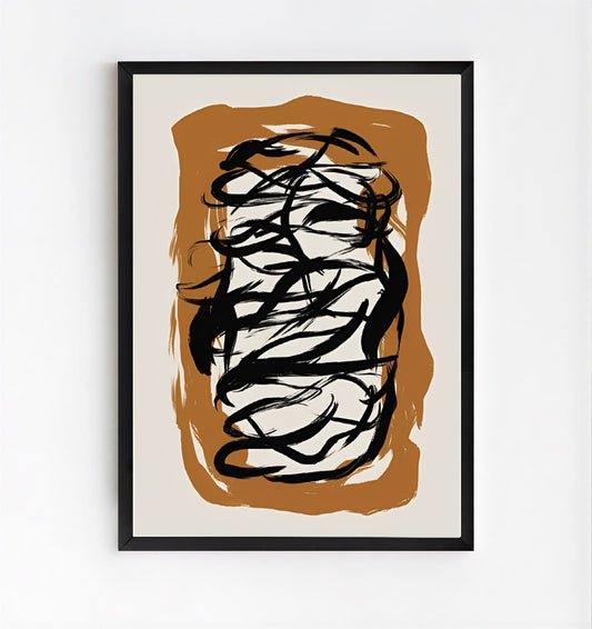 Framed  Black Abstract Brush Stroke Wall Art Print design on a beige background