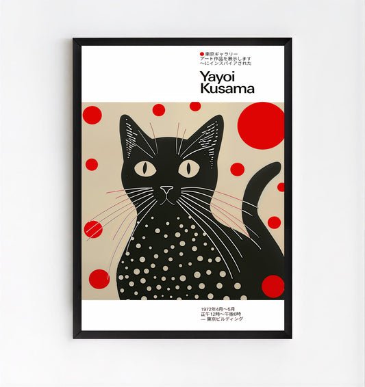 Framed artwork of a Yayoi kusama inspired black cat art print with polka dots and red circles