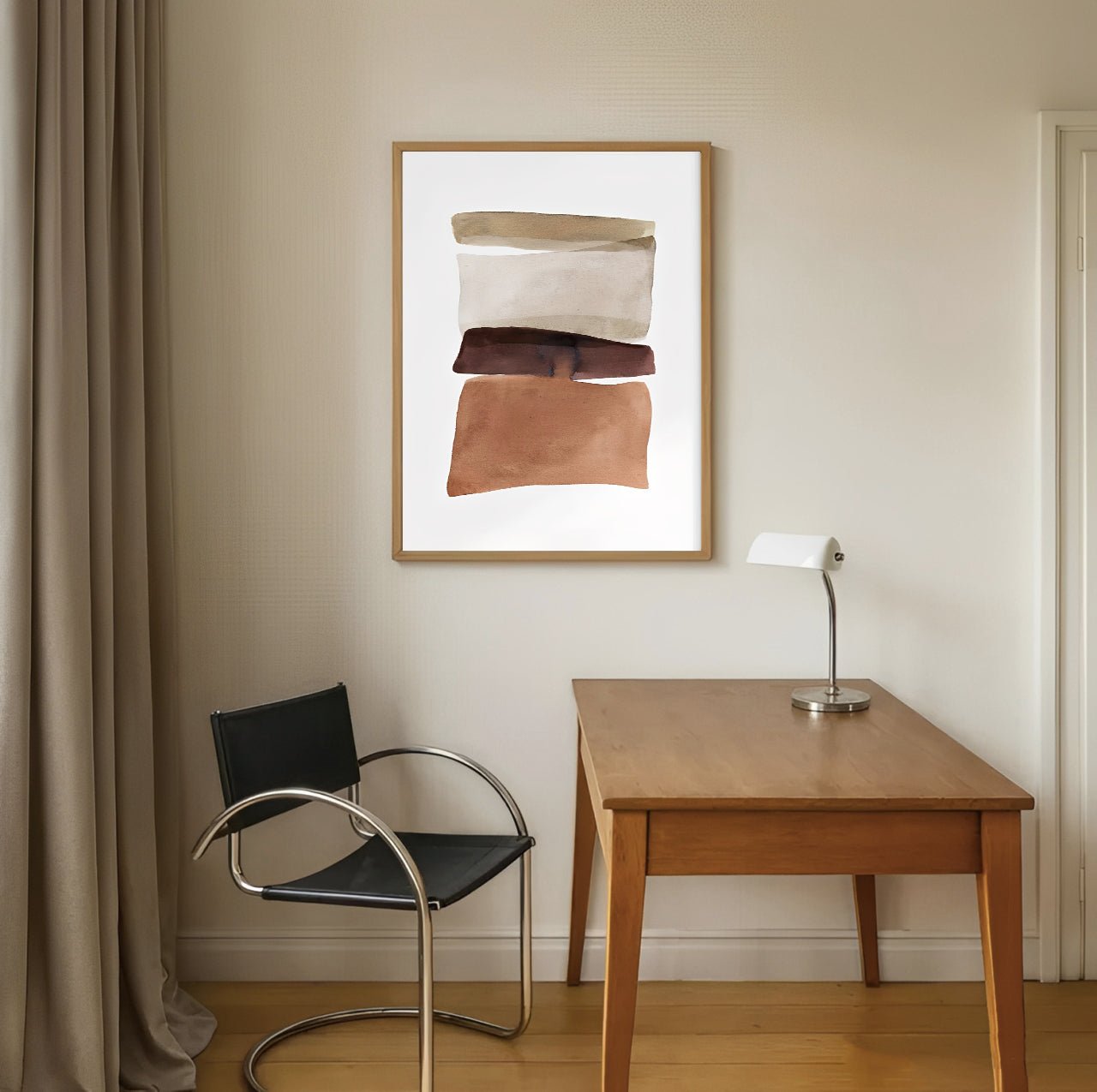 Modern interior with a wooden desk, black chair, and abstract art on the wall.