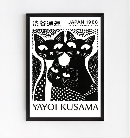 Kusama inspired black and white cat poster wall art