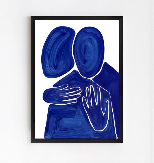 Framed abstract art piece with blue and white design on a white background