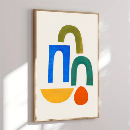 Framed abstract art with colorful shapes on a white wall