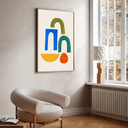 Modern living room with abstract art on the wall and a chair near a window.