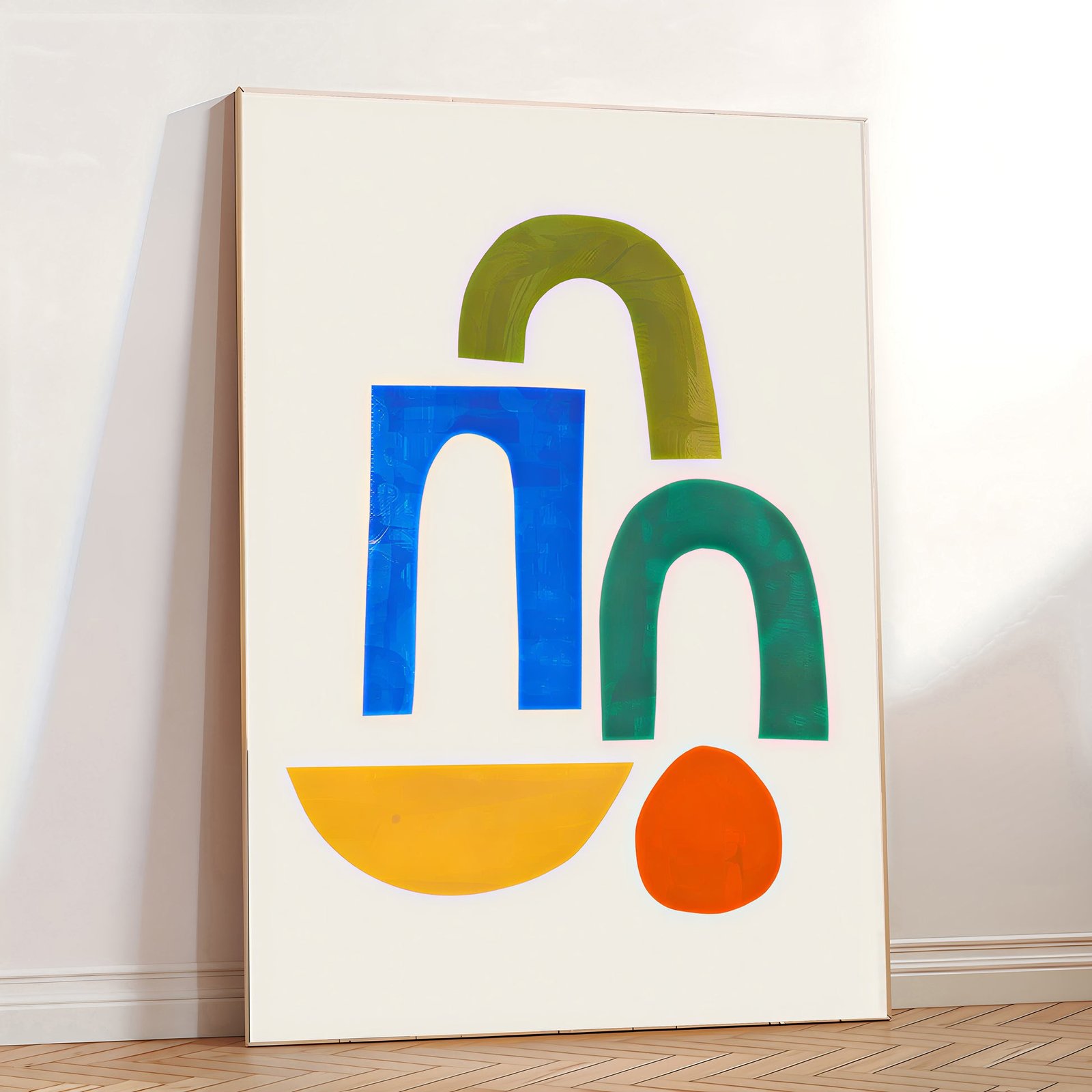 Abstract art print with colorful geometric shapes on a white wall.